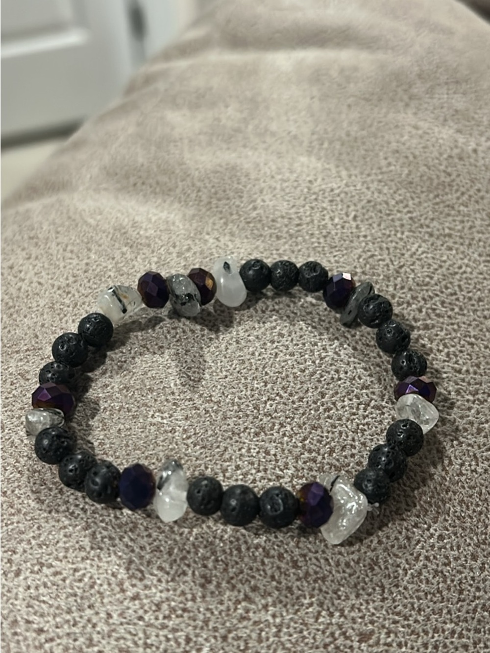 Stretch Bracelet with Black Lava Beads, Purple Faceted & Clear Accents